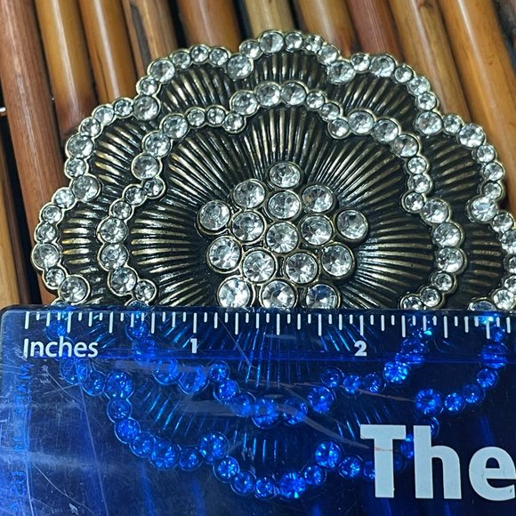 FANCY BELT BUCKLE VINTAGE CRYSTAL RHINESTONES ON BRONZE METAL HUGE 3" SIZE - Picture 4 of 4